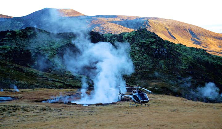 Helicopter touchdown on Hengill Volcano in southwest Iceland.