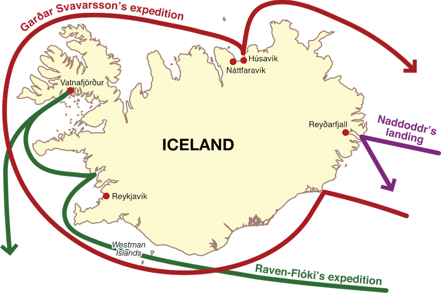 This map depicts the exploration of the first Norsemen to Iceland.