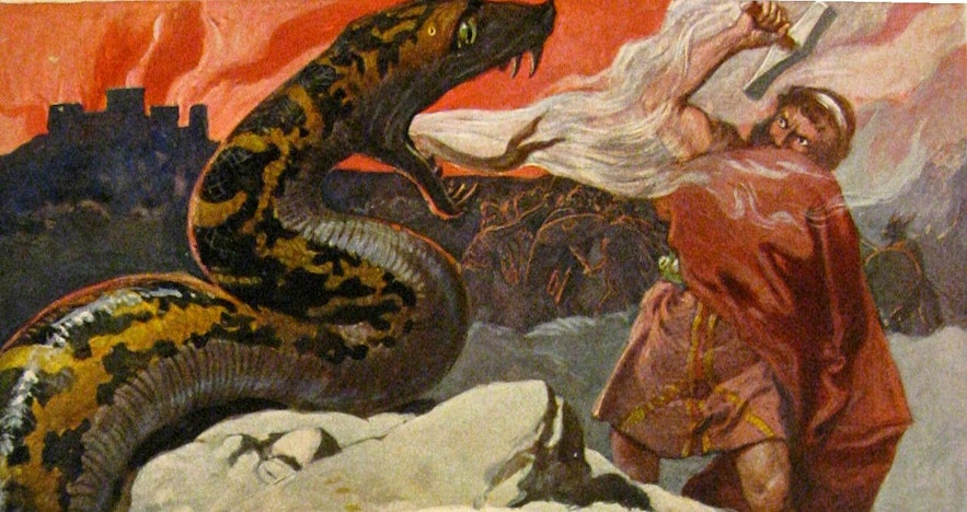 A depiction of Ragnarök, the end times foretold by Edda; here, Thor fights his last battle against one of Loki's evil children, the Midgard Serpent
