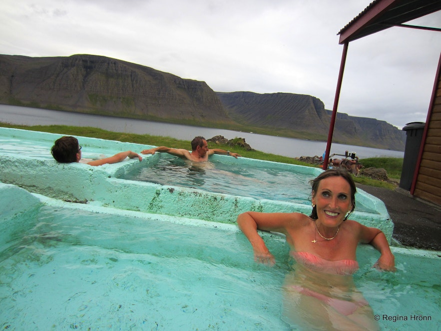 Regína in Pollurinn geothermal pools in Tálknafjörður fjord in the Westfjords of Iceland