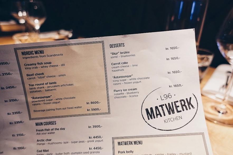 Menu at Matwerk restaurant in Reykjavik