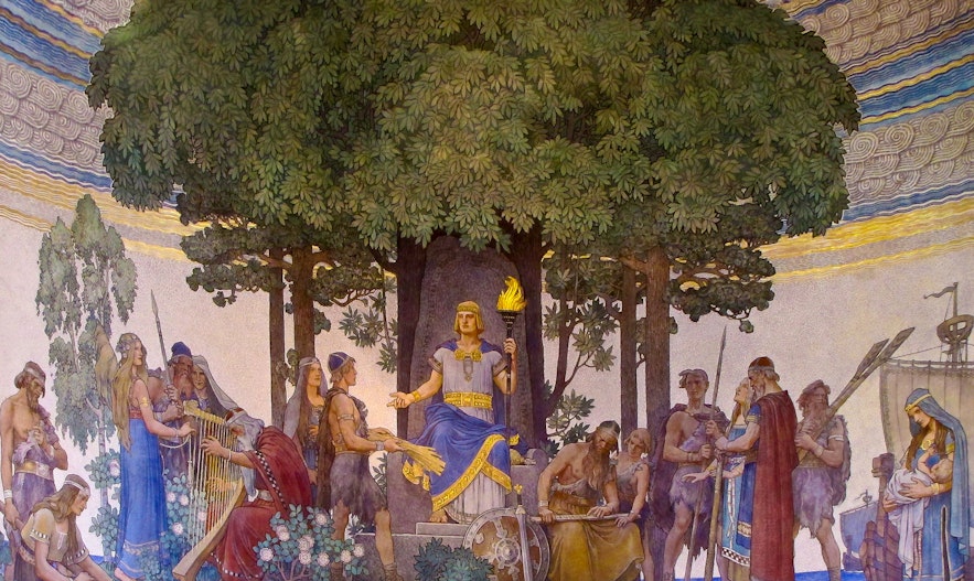헤임달이 신의 선물을 인간에게 전해주는 장면을 그린 닐스 아스플룬드(Nils Asplund)의 작품(1907).