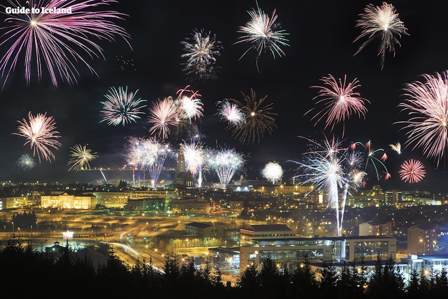 Reykjavik celebrates New Year's Eve with a brilliant display of fireworks.