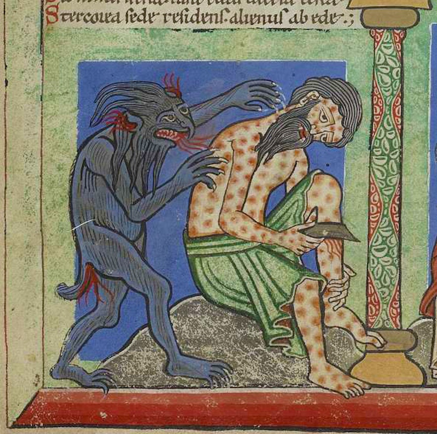 The devil latches his claws onto a leper in a medieval manuscript