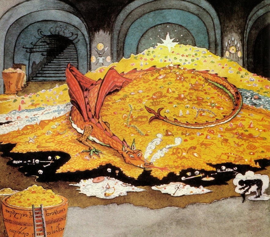 An illustration by J.R.R. Tolkien depicting Smaug guarding his gold from the Hobbit