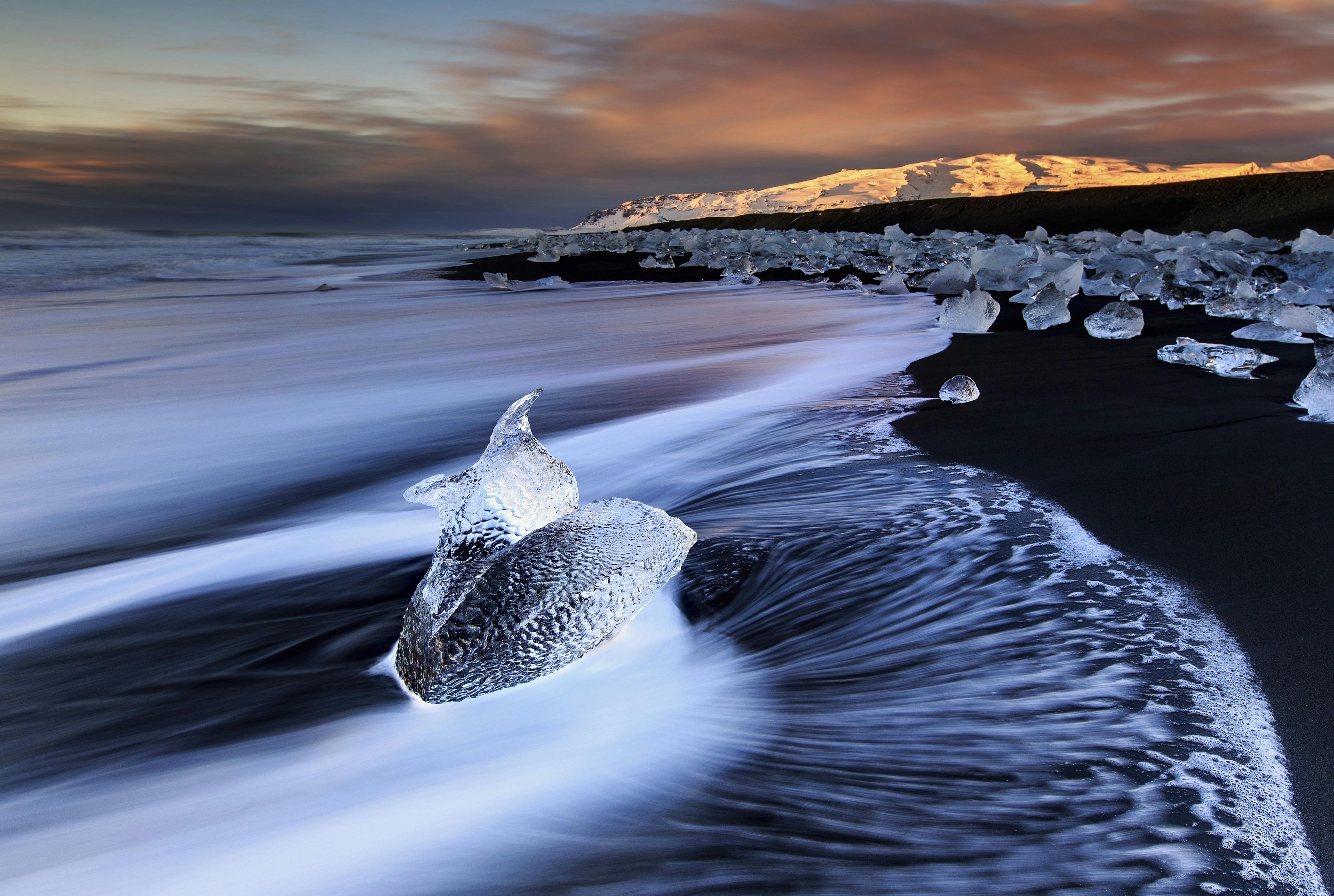Ice lines the length of south-east Iceland's Diamond Beach.