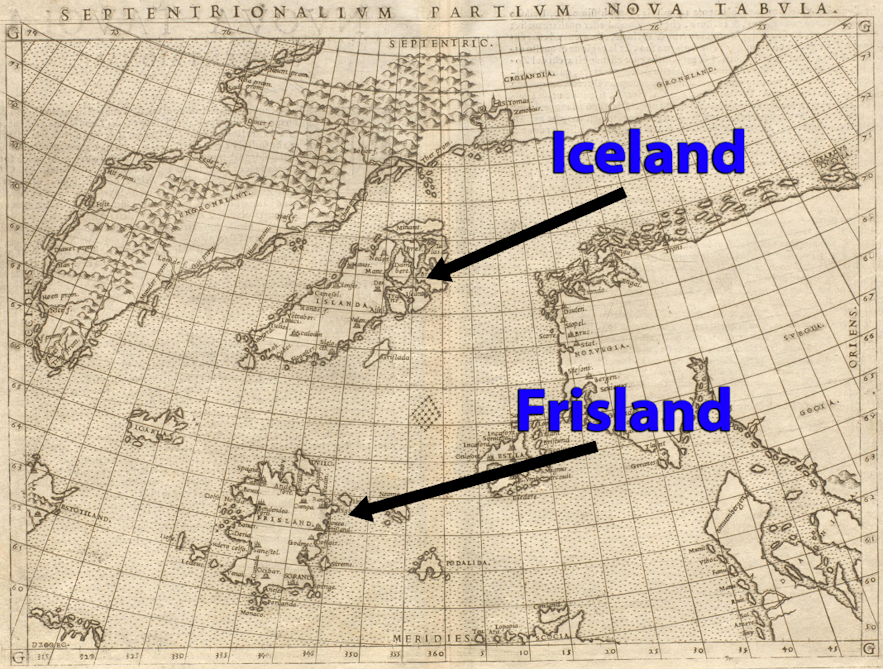 A map depicting the phantom island of Frisland just south of Iceland