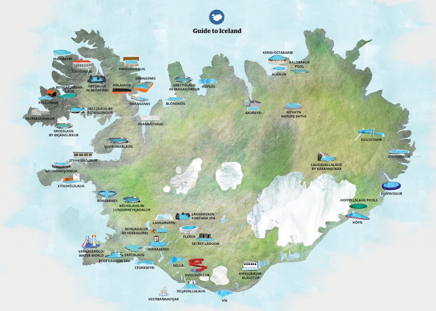 แผนที่ของบ่อน้ำร้อนในประเทศไอซ์แลนด์ และสระว่ายน้ำ