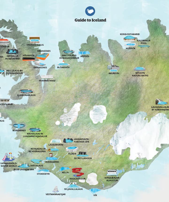 Eine Karte mit einigen von Islands heißen Quellen und Schwimmbädern