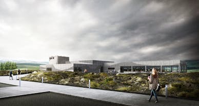 Exterior view of the Lava Centre in Hvolsvollur, South Iceland on a grey, cloudy day.