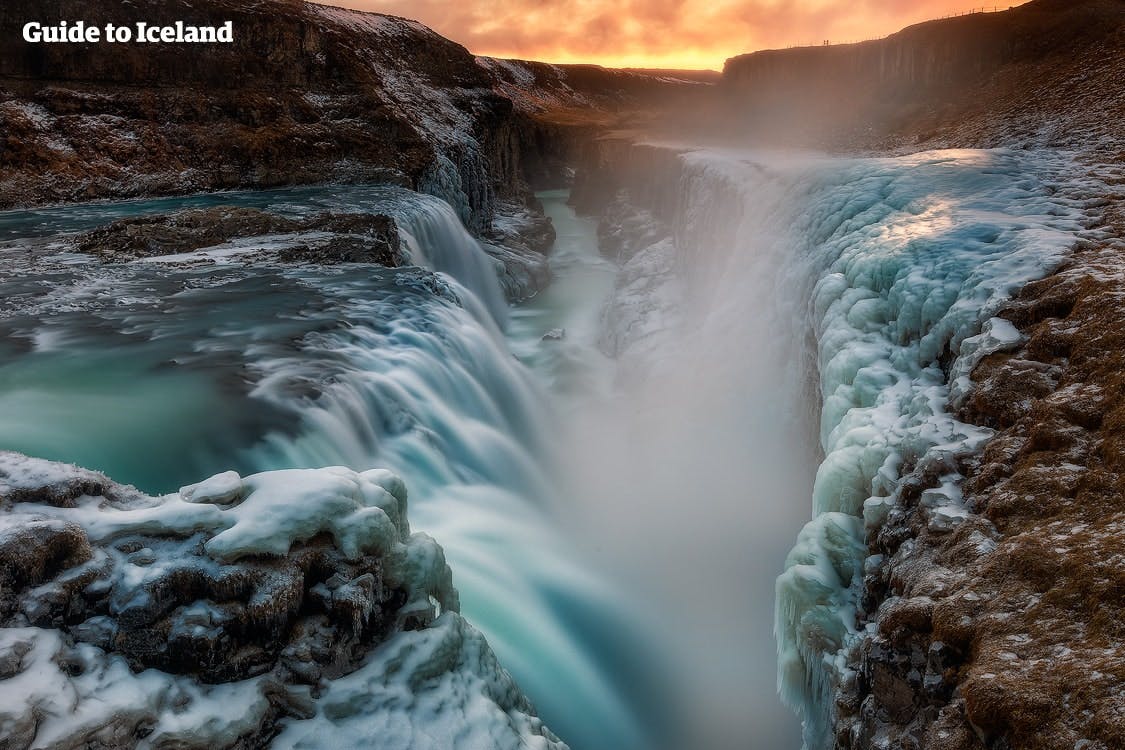 See Gullfoss, Iceland's most iconic waterfall, enveloped in winter's dress.