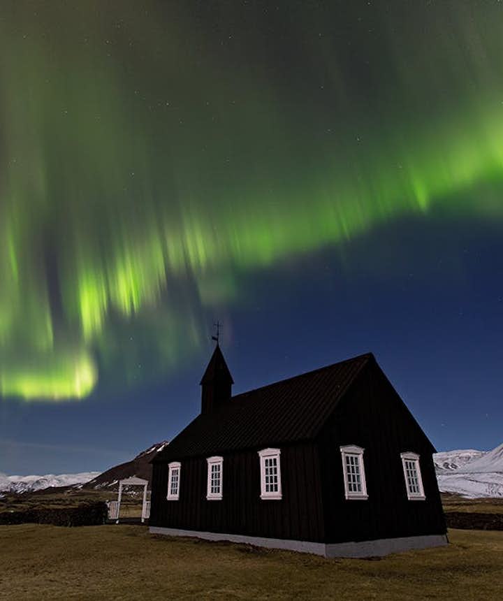 The Northern Lights over Buðir on the Snæfellsnes Peninsula.