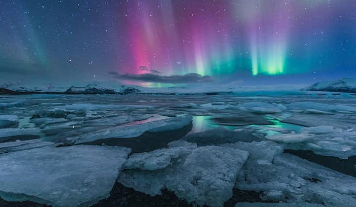 Les aurores boréales bleues dansent avec des nuances pourpres sur le lagon du glacier Jökulsárlón du sud de l'Islande en hiver.