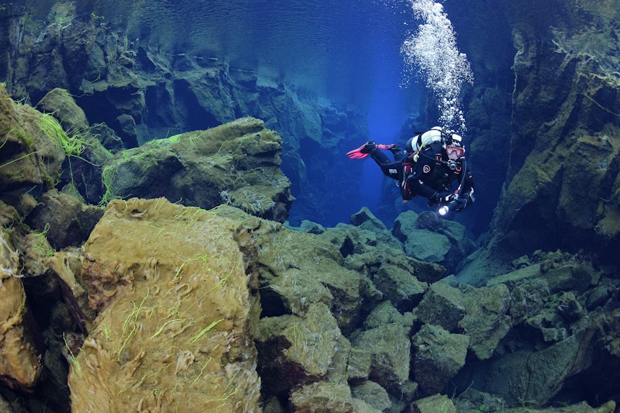 A scuba diver in the beautiful underwater world of Silfra.