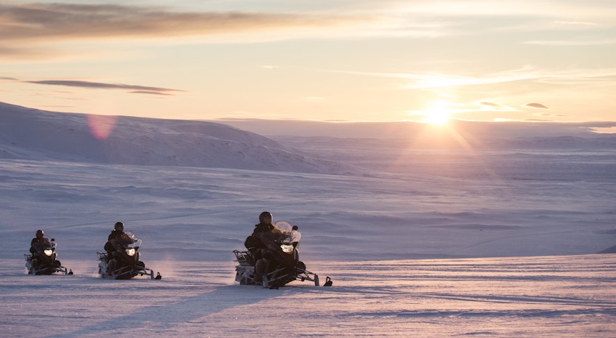 In April, you can race across the ice cap on Langjökull glacier on a snowmobile