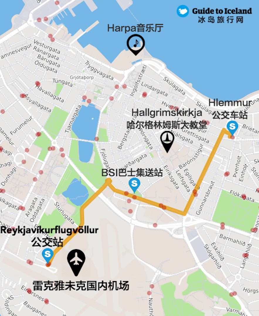 冰岛首都雷克雅未克市区国内机场位置及公交车地图