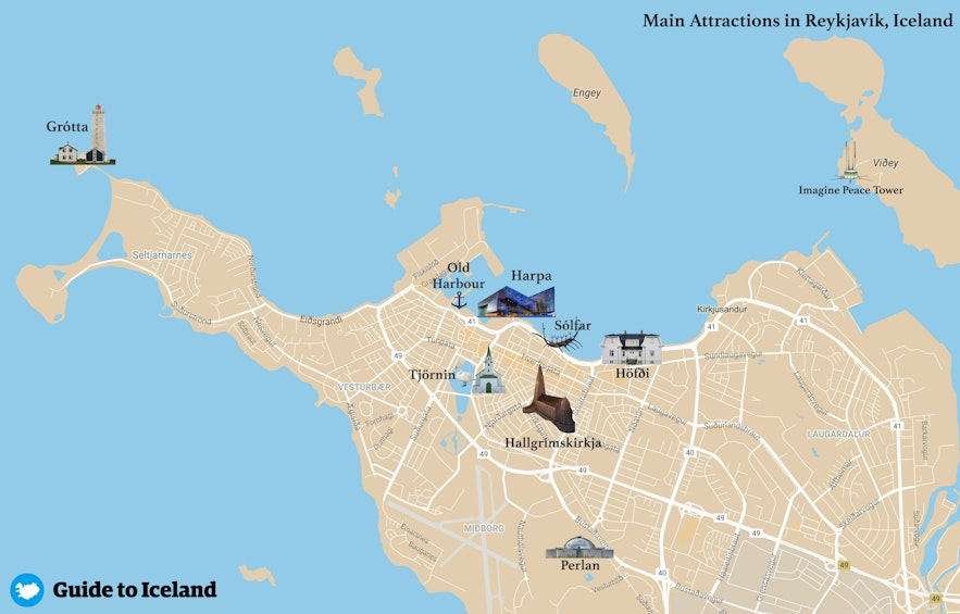 Mapa głównych atrakcji Reykjavíku, stolicy Islandii.