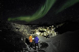 The Northern Lights fall above Vatnshellir cave.