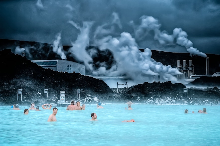 The 'Old Blue Lagoon' with Svartsengi geothermal plant