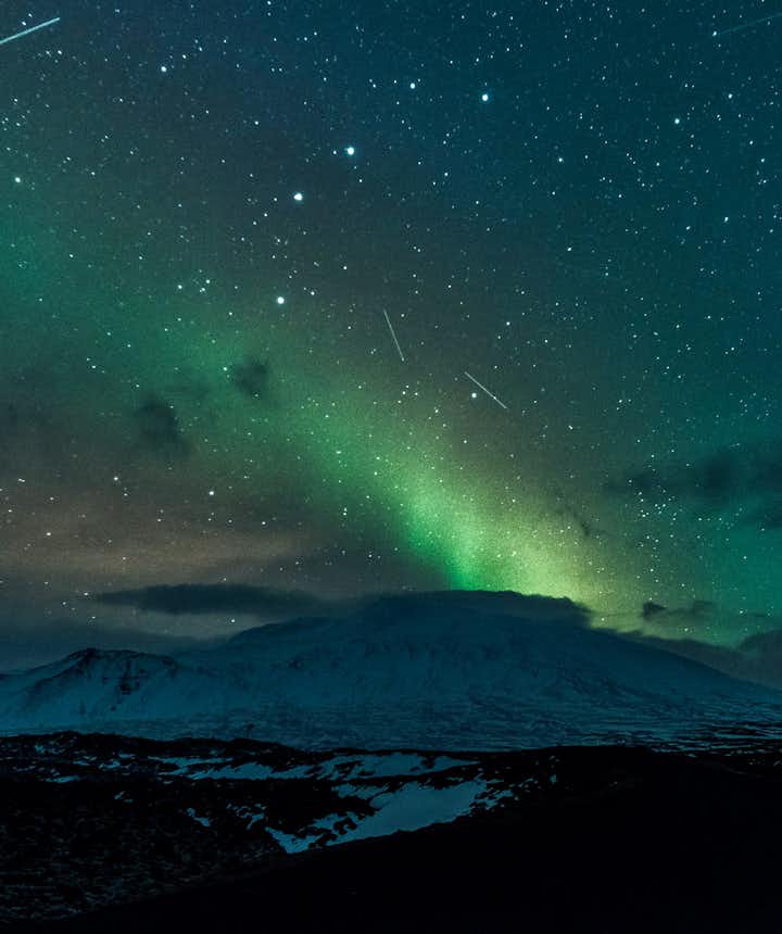 Meteor shower and Northern Lights on Snæfellsnes peninsula in Iceland