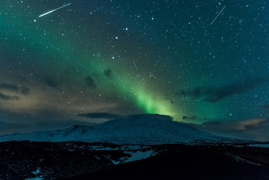 Meteor shower and Northern Lights on Snæfellsnes peninsula in Iceland