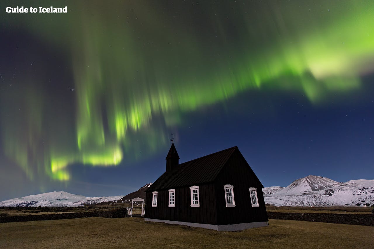 Búðakirkja Church bathed by the Northern Lights