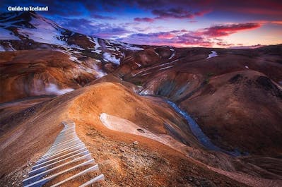 Steps run down the face of a mountain in Landmannalaugar.