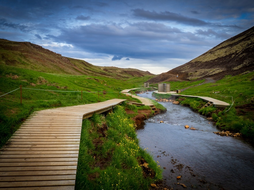 A walkway by the hot river in Reykjadalur.