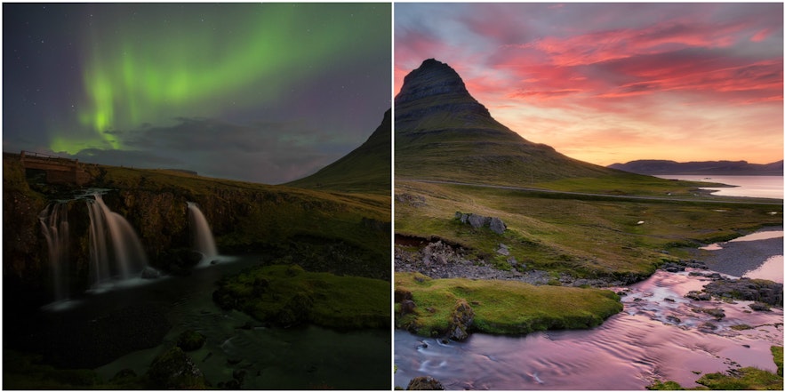 冰岛西部斯奈山半岛上的草帽山在北极光与午夜阳光下呈现冰岛冬季与夏季的不同魅力。