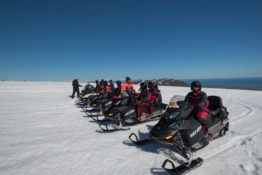 Snowmobilers on the vast Vatnajökull glacier