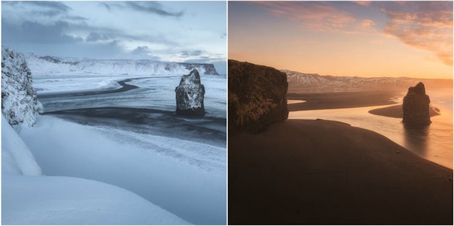 冰岛冬季与夏季的黑沙滩对比