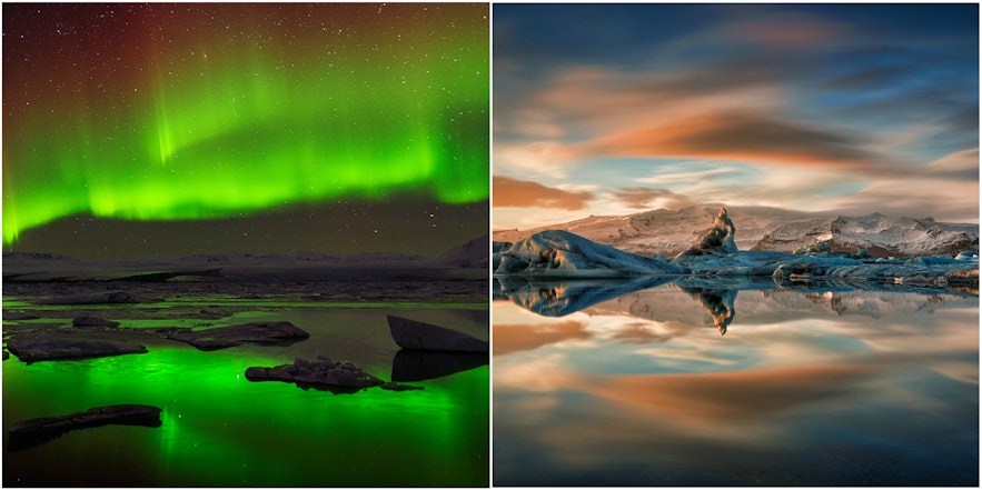 冰岛冬季北极光与夏季午夜阳光下的杰古沙龙冰河湖。