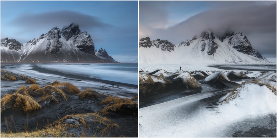 冰岛东南部的Vestrahorn山峰的冬夏对比。
