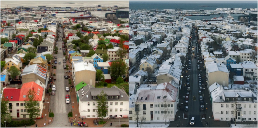冰岛首都雷克雅未克的冬夏对比