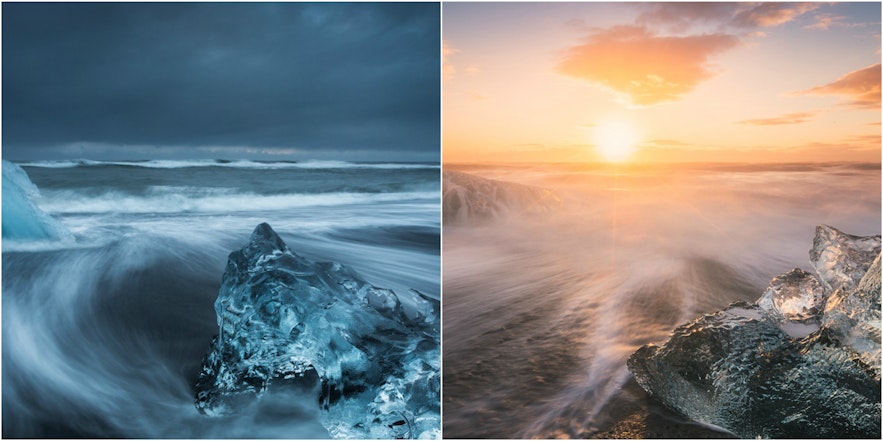 冰岛南岸杰古沙龙冰河湖的冬夏对比。夏季午夜阳光下的杰古沙龙冰河湖无比灿烂。