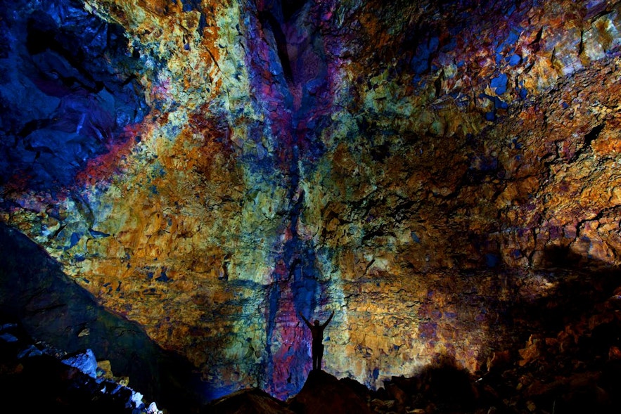 The multi-coloured inner walls of the volcano's magma chamber.