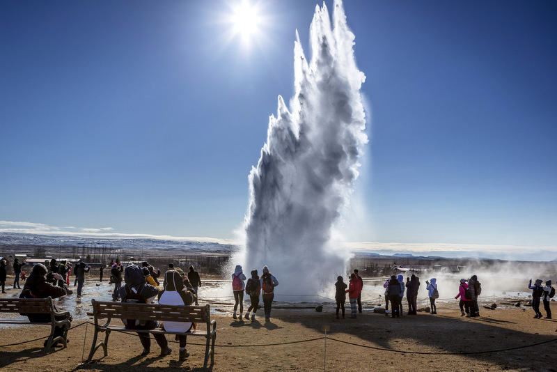 Strokkur is famed for its violent eruptions, occurring every five to ten minutes or so.