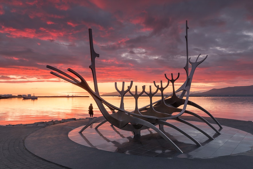 The Sun Voyager facing the setting sun