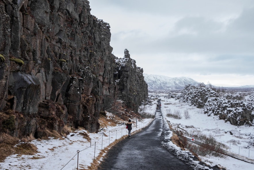 Almannagjá, the North American tectonic plate, during the wintertime.