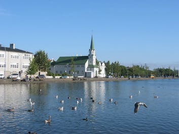 Reykjavik downtown lake and church