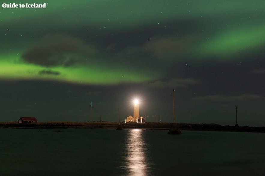 The Aurora Borealis, pictured above the lighthouse Grótta.