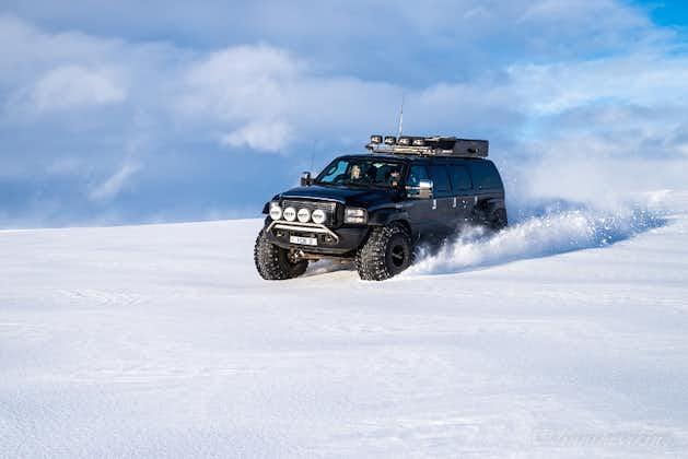 A Super Jeep roaring across Langjökull glacier, the second largest ice cap in the country.