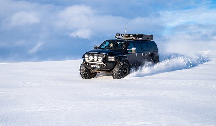 A Super Jeep roaring across Langjökull glacier, the second largest ice cap in the country.