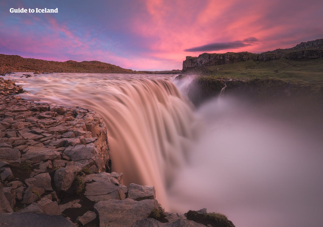 In northern Iceland you can find Dettifoss, a roaring and awe-inspiring waterfall, rumoured to be the most powerful cascade in Europe