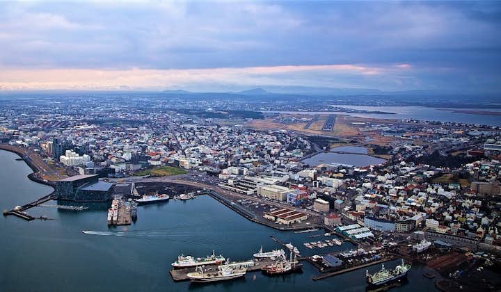 The Reykjavík centre and old harbour area as seen from above in a helicopter.