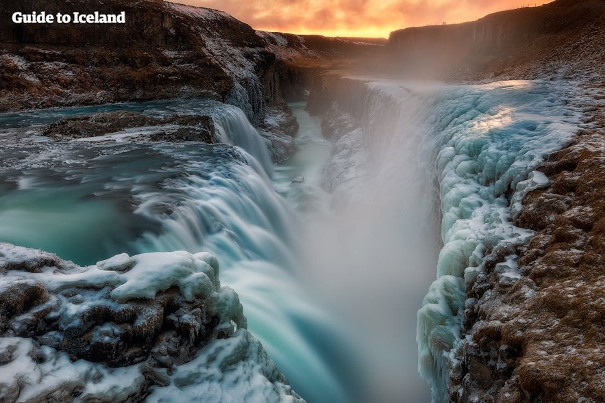 With the spray of glacial water and the winds from Langjökull glacier, even sightseeing at Gullfoss Waterfall in winter requires planning in terms of clothing.