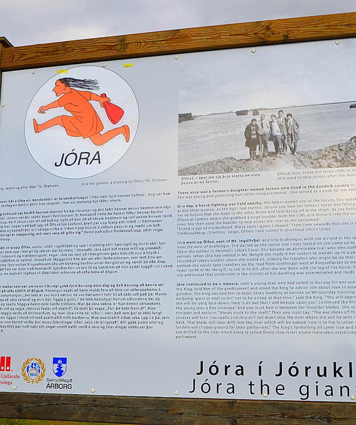 The information sign by Ölfusá river tells us about Jóra the giantess