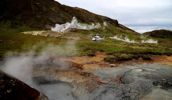 The geothermal wonders in the area of Hengill Volcano are within reach with a helicopter tour in Iceland.