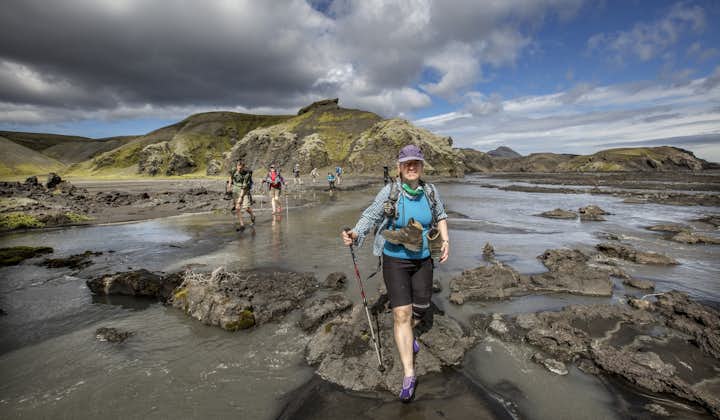 When crossing rivers by foot in the Icelandic Highlands, rubber shoes with a good grip come recommended.