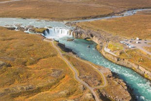 An aerial shot of the majestic Godafoss waterfall.
